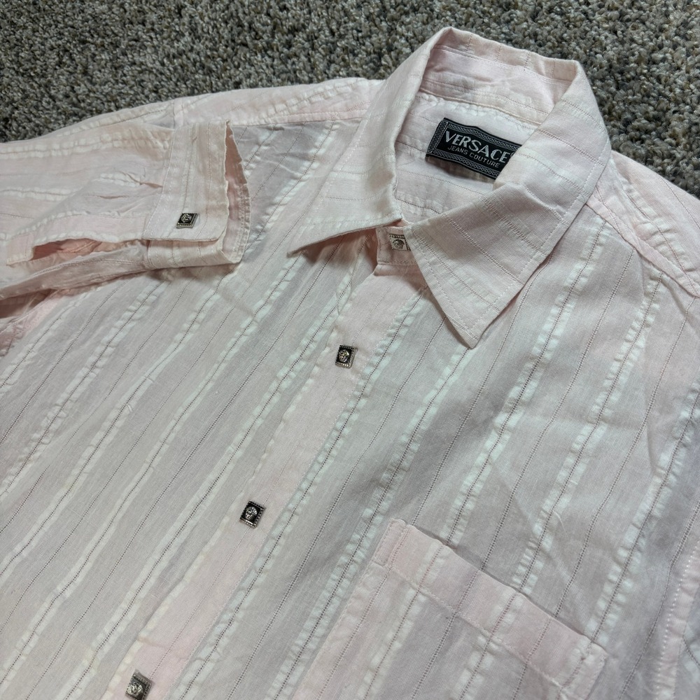 Versace Jeans Couture Men's Large Button Up Shirt Pink Textured Stripe Medusa